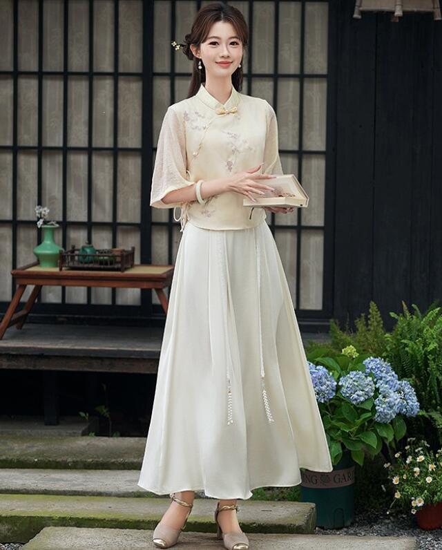 樂天商城 - 高級感チャイナ服 スカート 七分袖ブラウス チャイナ風トップス 改良 チャイナドレス刺繍単品/セット対応可能 ハロウイン トップス＋スカート2点セット チャイナボダン ブラウス　ダンス 発表会 二胡演奏ステージ衣装 太極拳服 ウェア　エスニック　チャイナ民国風唐装漢服