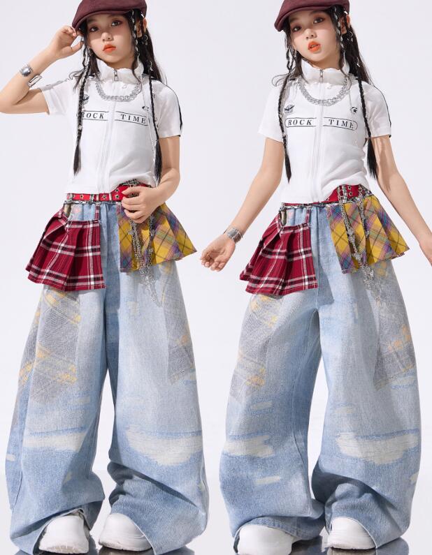 樂天商城 - キッズジャズダンス衣装 半袖シャツ　ポロシャツ 　デニムパンツヒップホップ 女の子ダンス衣装 シャツ　 夏キッズダンスセット普段着 可愛いダンス衣装 ダンス衣装 可愛いチアダンス衣装卒業式入学式イベント　舞台演出服　運動会110-180cm