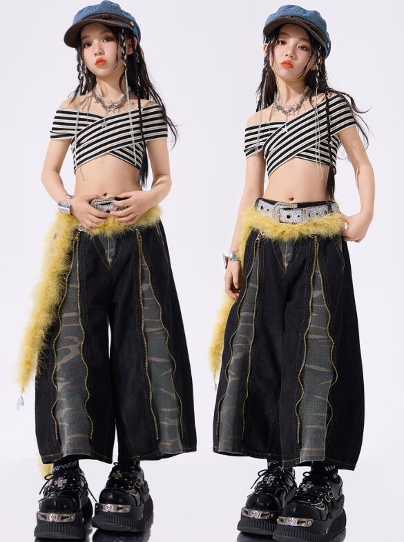 樂天商城 - キッズジャズダンス衣装 セクシートップス 交差　デニムパンツヒップホップ 女の子ダンス衣装 シャツ　 夏キッズダンスセット普段着 可愛いダンス衣装 ダンス衣装 可愛いチアダンス衣装卒業式入学式イベント　舞台演出服　運動会110-180cm