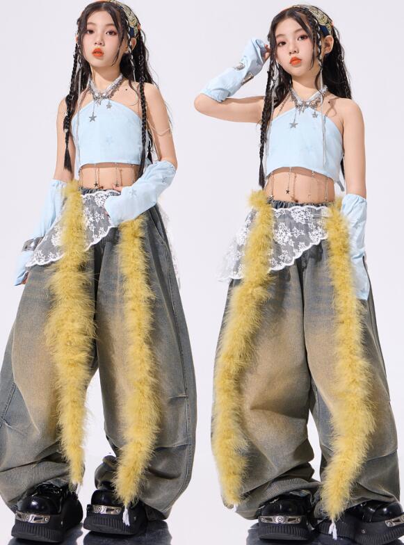 子供ジャズダンス衣装 ガールズダンス衣装 セクシートップス 交差　デニムパンツヒップホップ 女の子ダンス衣装 シャツ　 夏キッズダンスセット普段着 可愛いダンス衣装 ダンス衣装 可愛いチアダンス衣装卒業式入学式イベント　舞台演出服　運動会110-180cm