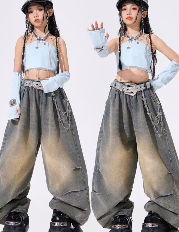 樂天商城 - 子供ジャズダンス衣装 ガールズダンス衣装 セクシートップス 交差　デニムパンツヒップホップ 女の子ダンス衣装 シャツ　 夏キッズダンスセット普段着 可愛いダンス衣装 ダンス衣装 可愛いチアダンス衣装卒業式入学式イベント　舞台演出服　運動会110-180cm