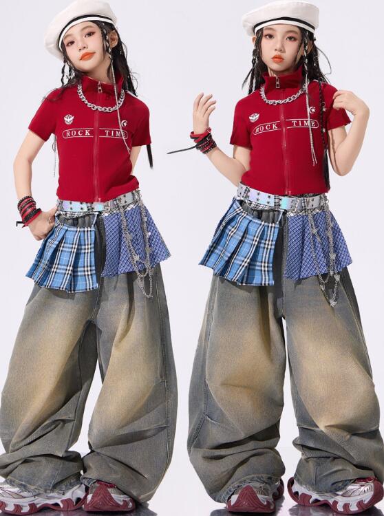 樂天商城 - 子供ジャズダンス衣装 ガールズダンス衣装 立ち襟 前開きトップス デニムパンツヒップホップ 女の子ダンス衣装 シャツ　 夏キッズダンスセット普段着 可愛いダンス衣装 ダンス衣装 可愛いチアダンス衣装卒業式入学式イベント　舞台演出服　運動会110-180cm