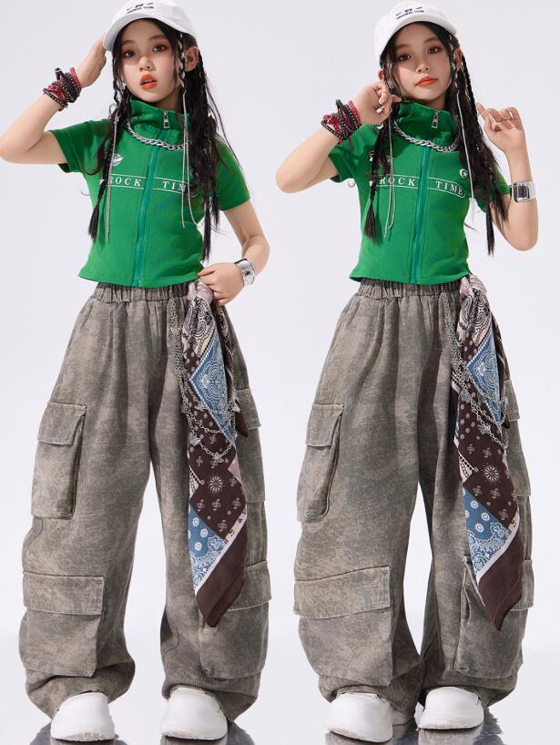 樂天商城 - 子供ジャズダンス衣装 緑トップス ガールズダンス衣装 ヒップホップ 女の子ダンス衣装 シャツ 夏キッズダンスセット普段着 可愛いダンス衣装 ダンス衣装 可愛いチアダンス衣装卒業式入学式イベント　舞台演出服　運動会110-180cm