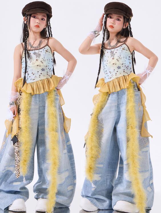 樂天商城 - 子供ジャズダンス衣装フリル付きトップス ガールズダンス衣装 ヒップホップ 女の子ダンス衣装 シャツ 夏キッズダンスセット普段着 可愛いダンス衣装 ダンス衣装 可愛いチアダンス衣装卒業式入学式イベント　舞台演出服　運動会110-180cm