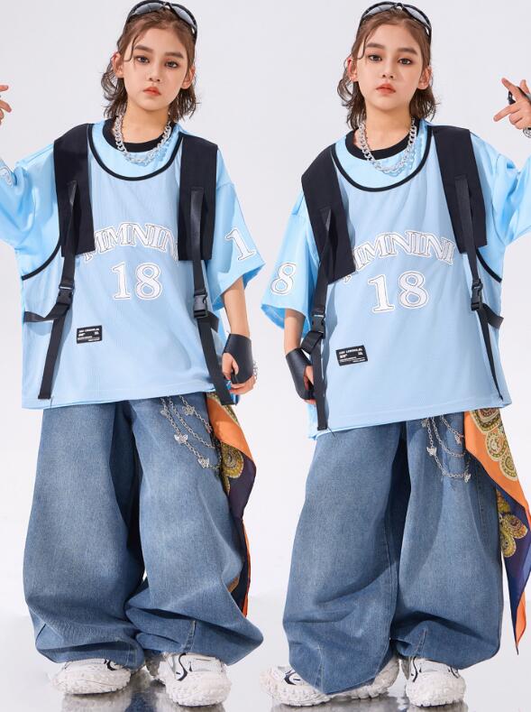 樂天商城 - 水色半袖シャツ男の子ダンス衣装 キッズジャズダンス衣装 　ポロシャツ デニムパンツヒップホップ ダンス衣装 シャツ　 夏キッズダンスセット普段着 可愛いダンス衣装 ダンス衣装 チアダンス衣装卒業式入学式イベント　舞台演出服　運動会110-180cm