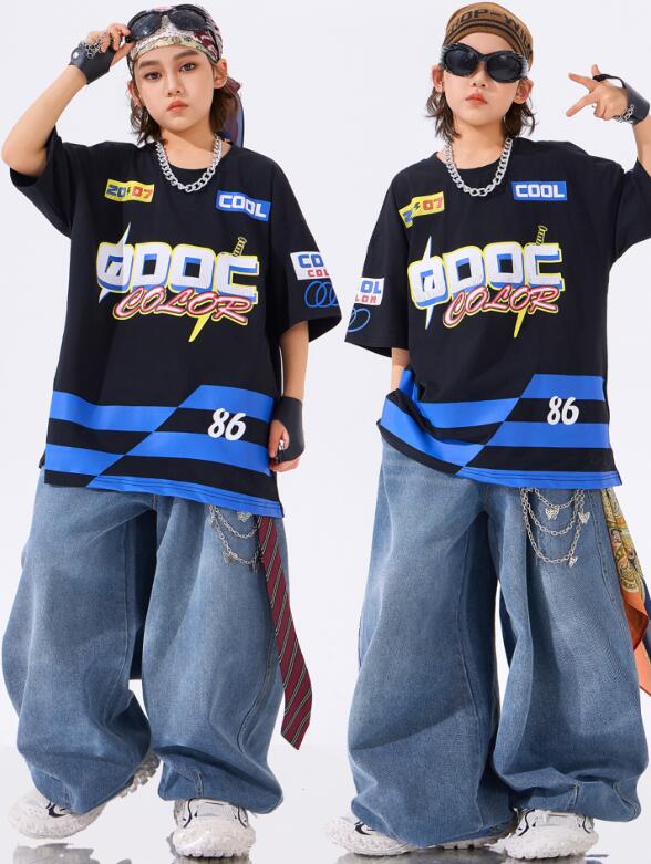 樂天商城 - 半袖シャツ男の子ダンス衣装 ブルートップス キッズジャズダンス衣装 　ポロシャツ デニムパンツヒップホップ ダンス衣装 シャツ　 夏キッズダンスセット普段着 可愛いダンス衣装 ダンス衣装 チアダンス衣装卒業式入学式イベント　舞台演出服　運動会110-180cm
