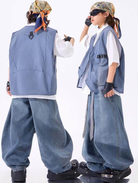 樂天商城 - 子供ジャズダンス衣装 ゆったりトップス ベスト デニムガーコパンツダンス衣装 ヒップホップ 男の子ダンス衣装 シャツ 夏キッズダンスセット普段着 可愛いダンス衣装 ダンス衣装 可愛いチアダンス衣装卒業式入学式イベント　舞台演出服　運動会110-180cm