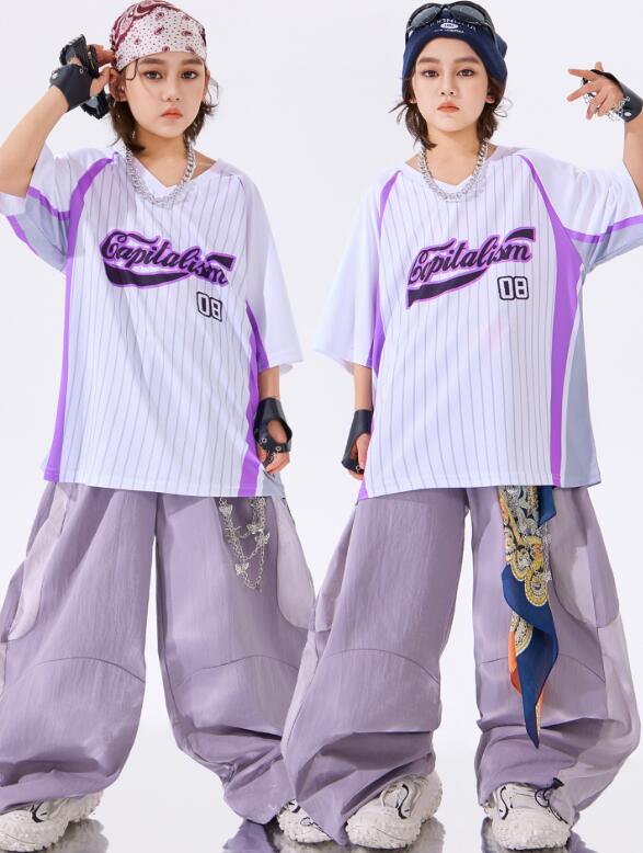 樂天商城 - パープル系ヒップホップ半袖シャツ男の子ダンス衣装 キッズジャズダンス衣装 パンツヒップホップ ダンス衣装 シャツ　 夏キッズダンスセット普段着 可愛いダンス衣装 ダンス衣装 チアダンス衣装卒業式入学式イベント　舞台演出服　運動会110-180cm