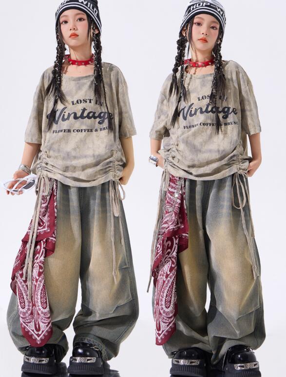 樂天商城 - ゆったりトップス 子供ジャズダンス衣装ガールズダンス衣装 ヒップホップ 女の子ダンス衣装 シャツ 夏キッズダンスセット普段着 可愛いダンス衣装 ダンス衣装 可愛いチアダンス衣装卒業式入学式イベント　舞台演出服　運動会110-180cm