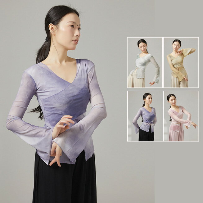 樂天商城 - ダンス トップス レディース チュール メッシュ 長袖 ブラウス 斜め 不規則裾 紗 柔らかい シースルー生地 美シルエット 中華古典ダンス 民族ダンス 社交ダンス モダンダンス 衣装 スリーブ ダンスウエア ブルー