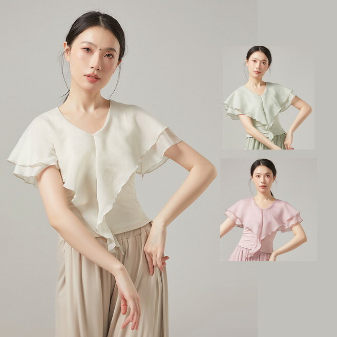 樂天商城 - 半袖トップス 　シフォンブラウス Vネックシャツ ダンス トップス レディース チュール 可愛い バレエダンス ブラウス フリル 柔らかい美シルエット 中華古典ダンス 民族ダンス 社交ダンス モダンダンス 衣装 スリーブ ダンスウエア