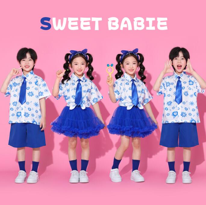 樂天商城 - 花柄シャツ チアガールダンス衣装 子供ジャズダンス衣装　女の子/男の子ダンス衣装 ヒップホップ チュールスカート 女の子ダンス衣装 シャツ 夏キッズダンスセット普段着 可愛いダンス衣装 ダンス衣装 可愛いチアダンス衣装卒業式入学式イベント　運動会110-180cm