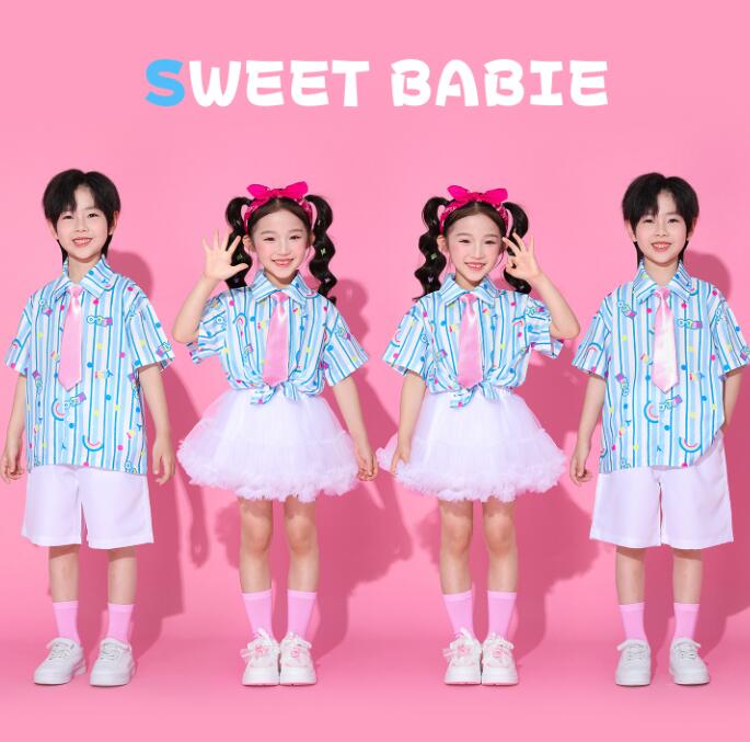 樂天商城 - ストライプ柄 チアガールダンス衣装 子供ジャズダンス衣装 学園制服　女の子/男の子ダンス衣装 ヒップホップ チュールスカート 女の子ダンス衣装 シャツ 夏キッズダンスセット普段着 可愛いダンス衣装 ダンス衣装 可愛いチアダンス衣装卒業式入学式イベント　運動会110-180cm