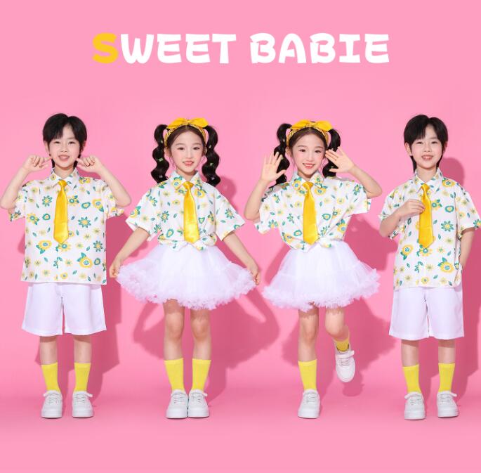Rakuten - 花柄プリントチアガールダンス衣装 子供ジャズダンス衣装 学園制服　女の子/男の子ダンス衣装 ヒップホップ チュールスカート 女の子ダンス衣装 シャツ 夏キッズダンスセット普段着 可愛いダンス衣装 ダンス衣装 可愛いチアダンス衣装卒業式入学式イベント　運動会110-180cm