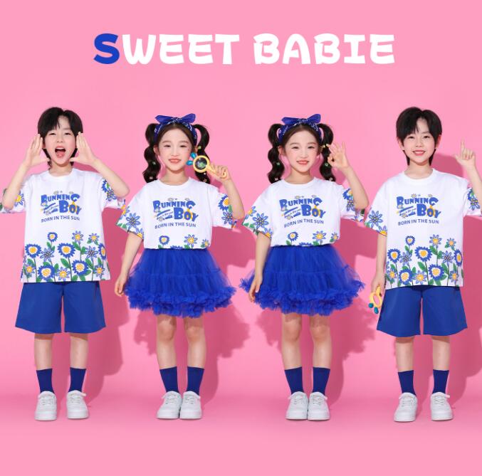 樂天商城 - ブルー チアガールダンス衣装 子供ジャズダンス衣装 学園制服　女の子/男の子ダンス衣装 ヒップホップ ショートパンツ 女の子ダンス衣装 シャツ 夏キッズダンスセット普段着 可愛いダンス衣装 ダンス衣装 可愛いチアダンス衣装卒業式入学式イベント運動会110-180cm