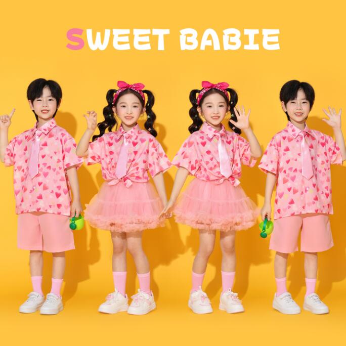 樂天商城 - ハート柄　ワイシャツ子供ダンス衣装 チアガールダンス衣装 学園制服　女の子/男の子ダンス衣装 ヒップホップ ショートパンツ 女の子ダンス衣装 夏キッズダンスセット普段着 可愛いダンス衣装 ダンス衣装 可愛いチアダンス衣装卒業式入学式イベント運動会110-180cm