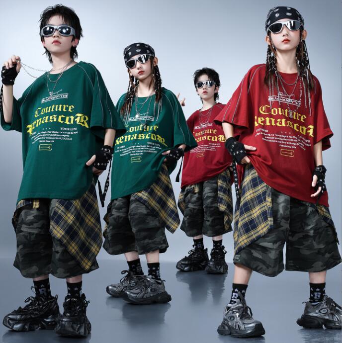 樂天商城 - 子供ダンス衣装 女の子/男の子ダンス衣装 ヒップホップ ショートパンツ 赤/緑 ジャズダンス衣装 女の子ダンス衣装 夏キッズダンスセット普段着 可愛いダンス衣装 ダンス衣装 可愛いチアダンス衣装卒業式入学式イベント運動会110-180cm