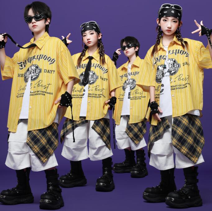樂天商城 - 子供ダンス衣装 女の子/男の子ダンス衣装 ストライプ柄シャツ ヒップホップ ショートパンツ 黄色 ジャズダンス衣装 女の子ダンス衣装 夏キッズダンスセット普段着 可愛いダンス衣装 ダンス衣装 可愛いチアダンス衣装卒業式入学式イベント運動会110-180cm