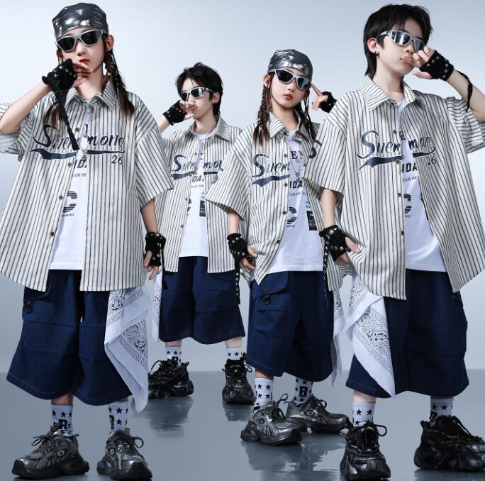 樂天商城 - 白シャツコート 子供ダンス衣装 女の子/男の子ダンス衣装 ストライプ柄シャツ ヒップホップ ショートパンツ ジャズダンス衣装 女の子ダンス衣装 夏キッズダンスセット普段着 可愛いダンス衣装 ダンス衣装 可愛いチアダンス衣装卒業式入学式イベント運動会110-180cm