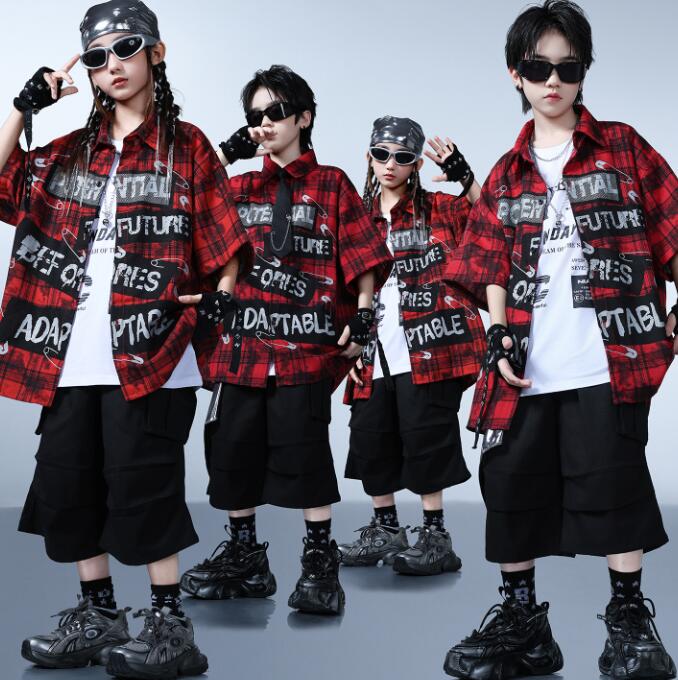 Rakuten - チェック柄シャツコート 子供ダンス衣装 女の子/男の子ダンス衣装 ヒップホップ ショートパンツ ジャズダンス衣装 女の子ダンス衣装 夏キッズダンスセット普段着 可愛いダンス衣装 ダンス衣装 可愛いチアダンス衣装卒業式入学式イベント運動会110-180cm