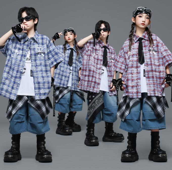 樂天商城 - チェック柄シャツコート 子供ダンス衣装 女の子/男の子ダンス衣装 デニムパンツ ヒップホップ ショートパンツ ジャズダンス衣装 女の子ダンス衣装 夏キッズダンスセット普段着 可愛いダンス衣装 ダンス衣装 可愛いチアダンス衣装卒業式入学式イベント運動会110-180cm
