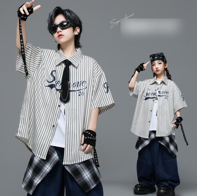 ストライプ柄シャツコート 子供ダンス衣装 女の子/男の子ダンス衣装 ガーコパンツ ヒップホップ パンツ ジャズダンス衣装 女の子ダンス衣装 夏キッズダンスセット普段着 可愛いダンス衣装 ダンス衣装 可愛いチアダンス衣装卒業式入学式イベント運動会110-180cm