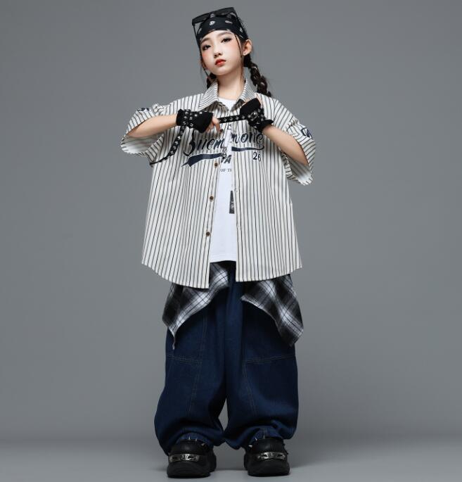 ストライプ柄シャツコート 子供ダンス衣装 女の子/男の子ダンス衣装 ガーコパンツ ヒップホップ パンツ ジャズダンス衣装 女の子ダンス衣装 夏キッズダンスセット普段着 可愛いダンス衣装 ダンス衣装 可愛いチアダンス衣装卒業式入学式イベント運動会110-180cm