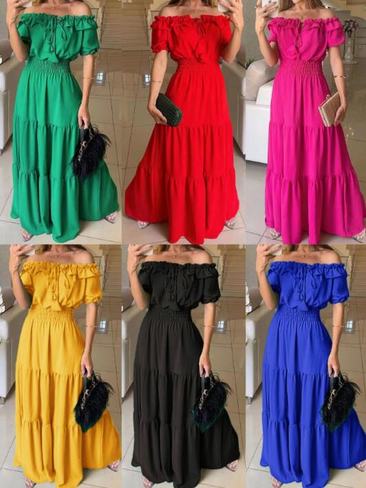 樂天商城 - レディースワンピース フリル裾 大きい裾 半袖　8色 ダンス衣装 マキシ丈ワンピース ドレス パーティーワンピース 欧米服 リボン　可愛い 舞台服 無地　普段着用 S M L XL
