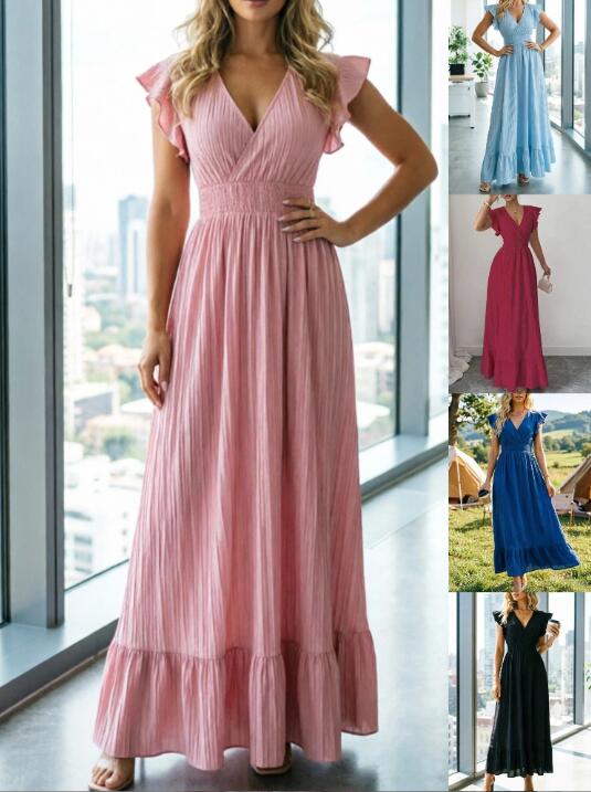 樂天商城 - 交差襟レディースワンピース Vネックフリル裾 大きい裾 フリル袖なし　5色 ダンス衣装 マキシ丈ワンピース ドレス パーティーワンピース 欧米服 リボン　可愛い 舞台服 無地　普段着用 S M L XL