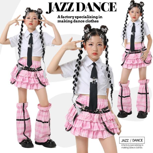 ピンクチェック柄スカート 女の子ジャズダンス衣装 子供ダンス衣装 白シャツ ミニスカート ダンス衣装 ヒップホップ 女の子ダンス衣装 夏キッズダンスセット普段着 可愛いダンス衣装 ダンス衣装 可愛いチアダンス衣装卒業式入学式イベント運動会120-170cm(4.0)