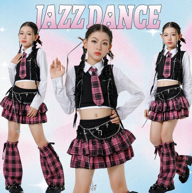 Rakuten - 女の子ジャズダンス衣装 子供ダンス衣装黒ベスト 白シャツ ミニスカート　チェック柄スカート ダンス衣装 ヒップホップ 女の子ダンス衣装 夏キッズダンスセット普段着 可愛いダンス衣装 ダンス衣装 可愛いチアダンス衣装卒業式入学式イベント運動会120-170cm