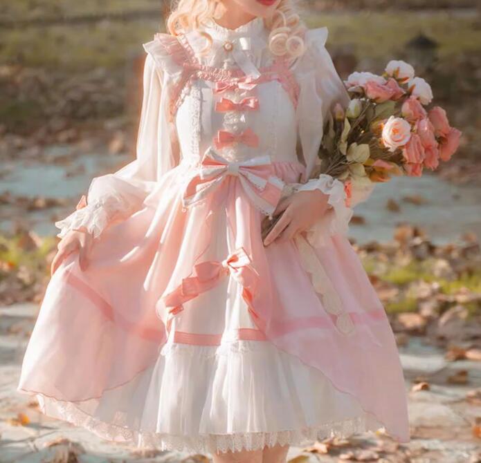 Rakuten - 可愛いドレス キャミソールワンピース ロリータ服 レディース ロリータ衣装 長袖シャツ＋ドレス 袖なし ロリータドレス 可愛いリ蝶ボン付き 大きいサイズ コスプレ衣装 プリンセス風ドレス 学園祭 文化祭 イベント 撮影衣装 ピンク