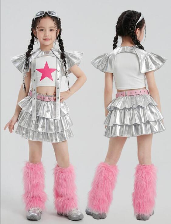 Rakuten - ジャズダンス衣装 光沢あり 舞台演出服 レザー ティアードスカート 星柄 演出服 AI感ダンス衣装 女の子 jazz hiphop かっこいい ダンス衣装 学園祭 文化祭 舞台衣装 シルバー 可愛いチアダンス衣装卒業式入学式イベント運動会110-180cm
