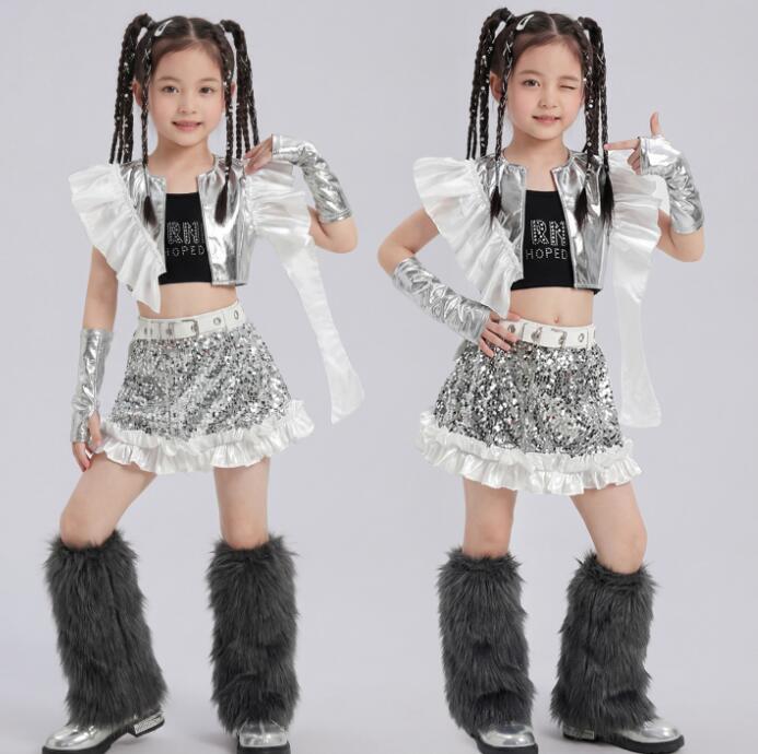 Rakuten - スパンコール付き子供ダンス衣装 ジャズダンス衣装シルバースカート 舞台演出服 ミニスカート 演出服ダンス衣装 女の子 jazz hiphop かっこいい ダンス衣装 学園祭 文化祭 舞台衣装 シルバー 可愛いチアダンス衣装卒業式入学式イベント運動会110-180cm