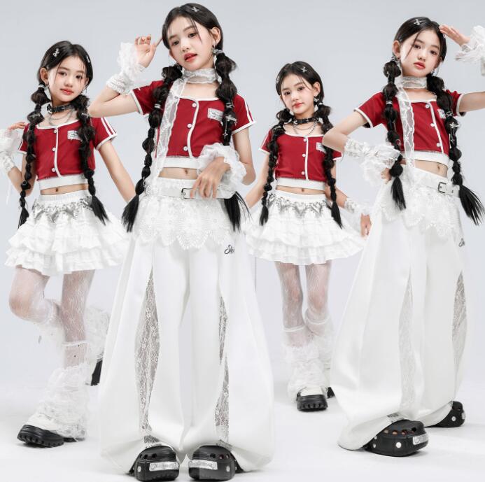 乐天商城 - 赤トップス 子供ダンス衣装 ジャズダンス衣装 ガーコパンツ ミニパンツ舞台演出服 レースベルト 演出服ダンス衣装 女の子 jazz hiphop かっこいい ダンス衣装 学園祭 文化祭 舞台衣装 シルバー 可愛いチアダンス衣装卒業式入学式イベント運動会110-180cm
