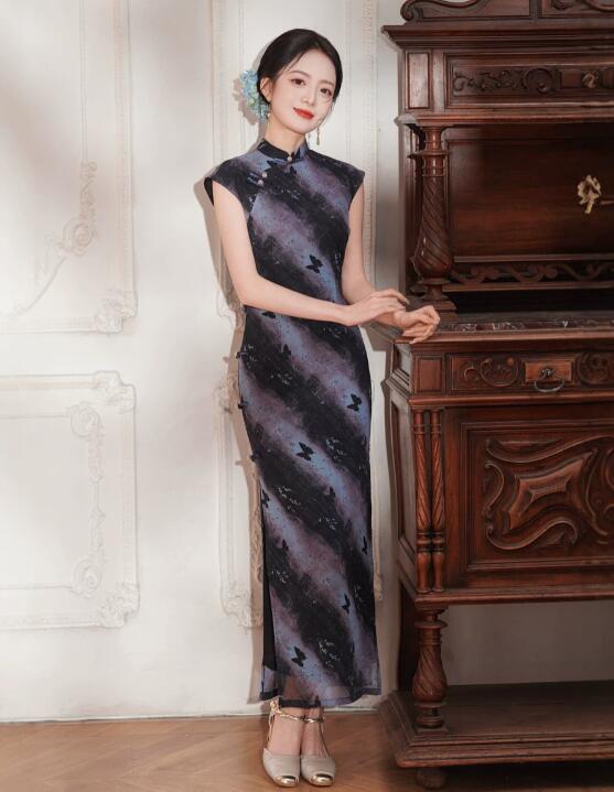 乐天商城 - チャイナ服 新作 半袖 チャイナドレス 春夏向け マキシ丈 チャイナ　蝶柄ワンピース 中華ドレス 中華服 中国民国時代 コスプレ衣装 レディース 改良 チャイナドレス 華流 コスチューム S M L XL 2XL 3XL