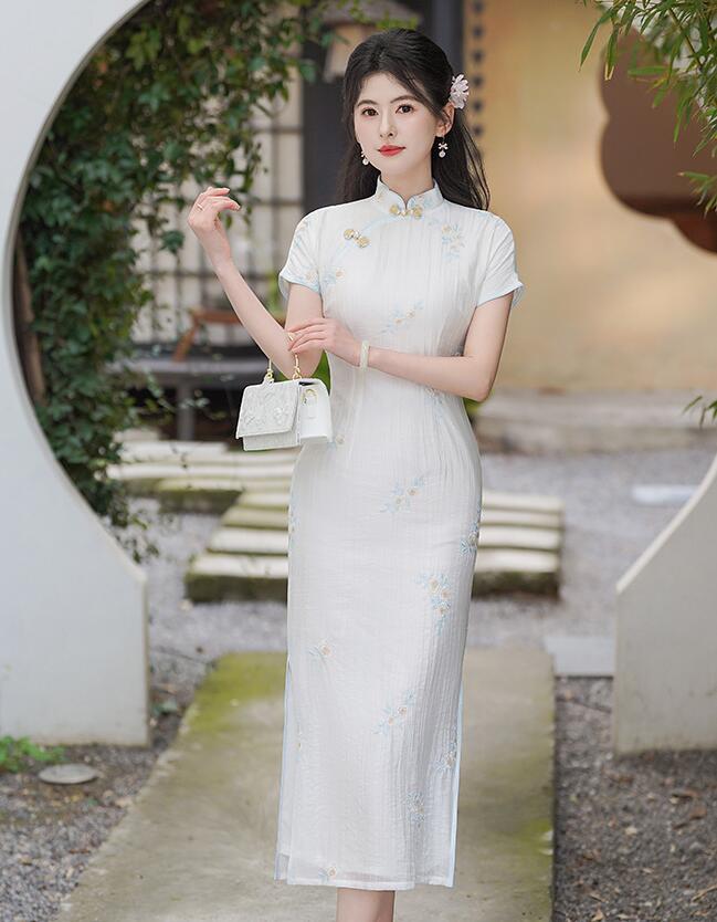 樂天商城 - 花刺繍ドレス チャイナ服 新作 半袖 チャイナドレス 白 春夏向け マキシ丈 チャイナ　ワンピース 中華ドレス 中華服 中国民国時代 コスプレ衣装 レディース 改良 チャイナドレス 華流 コスチューム S M L XL 2XL 3XL