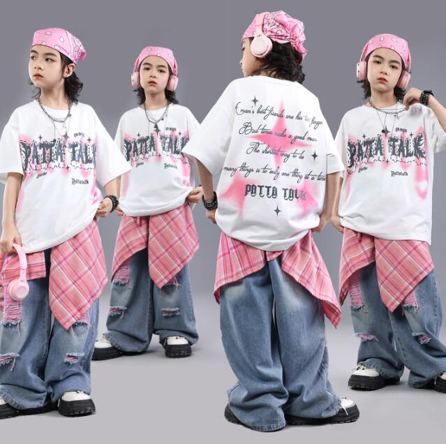 乐天商城 - デニムパンツ ジャズダンス衣装 半袖トップスヒップホップダンス衣装 舞台演出服 ゆったりシャツ 演出服ダンス衣装 女の子 jazz hiphop かっこいい ダンス衣装 学園祭 文化祭 舞台衣装 可愛いチアダンス衣装卒業式入学式イベント運動会110-180cm
