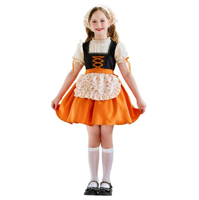 Rakuten - 子供ワンピース メイドドレス オレンジワンピース Lolitaワンピース Dirndlドレス コスチューム ハロウィンコスプレ衣装 子供 大人 中世　舞台ステージ衣装 ステージ衣装 ワンピース 舞台服 ハロウィン クリスマスコスプレ衣装　司会者 舞台演出服110-160cm