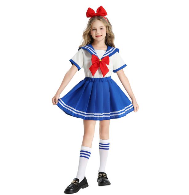 Rakuten - 子供セーラー服 トップス+スカート メイドドレス コスチューム ハロウィンコスプレ衣装 子供 舞台ステージ衣装 ステージ衣装 リボン付き 舞台服 ハロウィン クリスマスコスプレ衣装　司会者 舞台演出服110-160cm