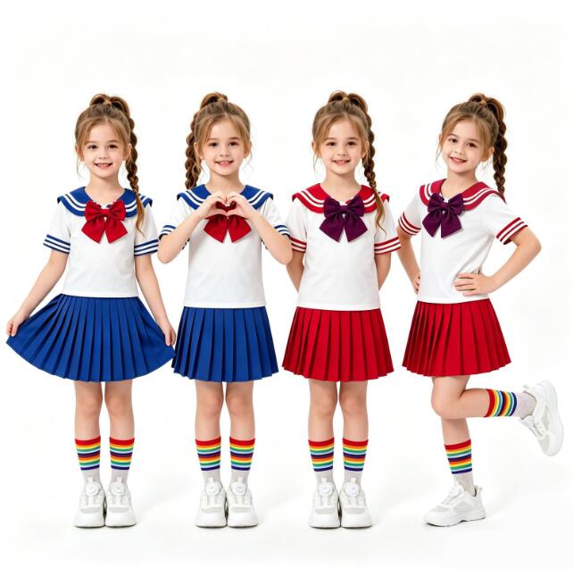 乐天商城 - 子供セーラー服 トップス+スカート 2色 メイドドレス コスチューム ハロウィンコスプレ衣装 子供 舞台ステージ衣装 ステージ衣装 リボン付き 舞台服 ハロウィン クリスマスコスプレ衣装　司会者 舞台演出服110-160cm