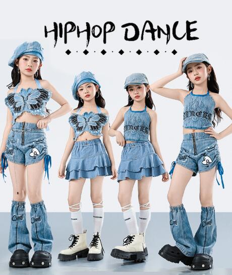 樂天商城 - デニムダンス衣装 蝶ベスト ダンス衣装 ジャズダンス衣装 スカート ミニパンツ ヒップホップダンス衣装 舞台演出服 演出服ダンス衣装 女の子 jazz hiphop かっこいい ダンス衣装 学園祭 文化祭 舞台衣装 可愛いチアダンス衣装卒業式入学式イベント運動会110-180cm