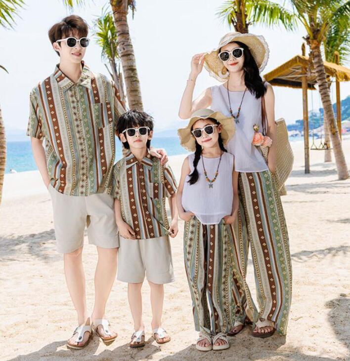 Rakuten - ワイドパンツ 涼しい 親子ペア 夏服 海旅行 アロハ衣装 ロング丈パンツ アロハシャツ 半ズボン カップル 親子コーデ 家族お揃い衣装 海旅行 新婚旅行 親子 ペアルック 家族活動 プレゼント パパ ママ 息子 娘