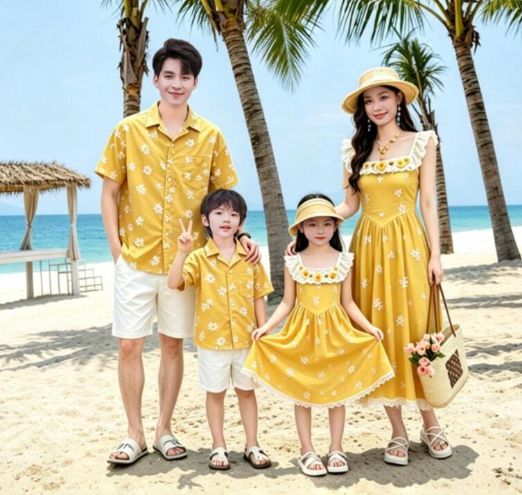 乐天商城 - 親子ペア 夏服 海旅行 アロハ衣装 ストライプ柄ドレス アロハシャツ 半ズボン カップル 親子コーデ 家族お揃い衣装 海旅行 新婚旅行 親子 ペアルック 家族活動 プレゼント パパ ママ 息子 娘