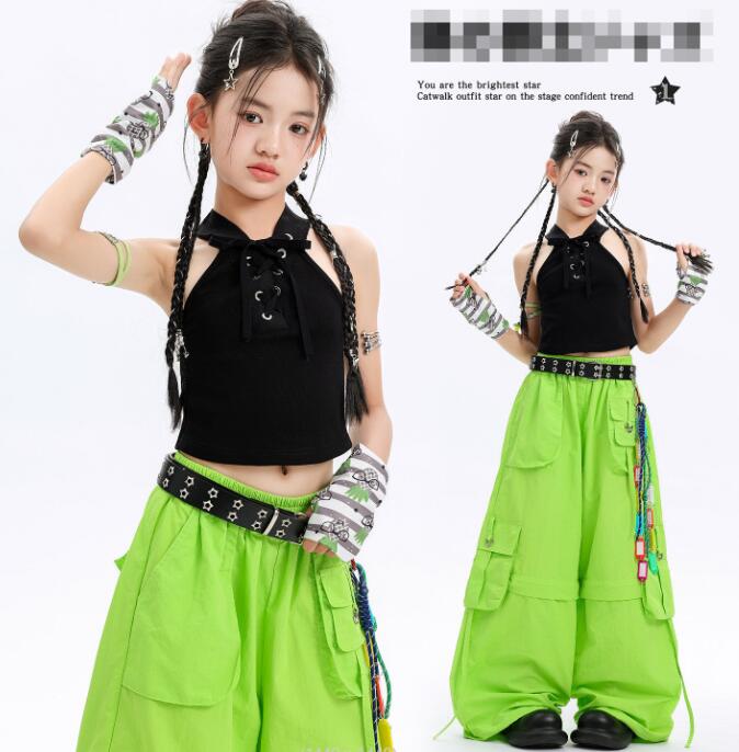 Rakuten - 子供ダンス衣装 緑x黒系 ジャズダンス衣装 ガーコパンツ 臍出し ヒップホップダンス衣装 舞台演出服 演出服ダンス衣装 女の子 jazz hiphop かっこいい ダンス衣装 学園祭 文化祭 舞台衣装 可愛いチアダンス衣装卒業式入学式イベント運動会110-180cm