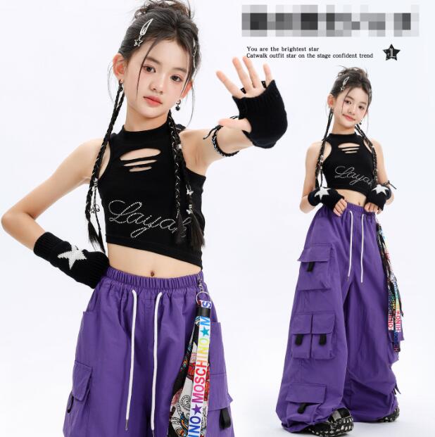 樂天商城 - 紫パンツ 子供ダンス衣装 紫 黒系 ジャズダンス衣装 袖なし ガーコパンツ 臍出し ヒップホップダンス衣装 舞台演出服 演出服ダンス衣装 女の子 jazz hiphop かっこいい ダンス衣装 学園祭 文化祭 舞台衣装 可愛いチアダンス衣装卒業式入学式イベント運動会110-180cm