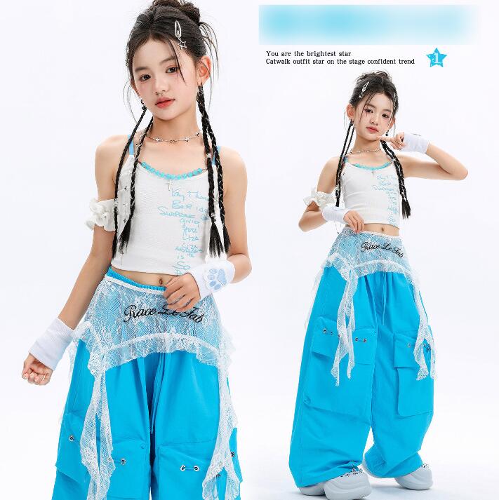 乐天商城 - ブルーパンツ ガーコパンツ 子供ジャズダンス衣装 臍出しキャミソール ヒップホップダンス衣装 舞台演出服 演出服ダンス衣装 女の子 jazz hiphop かっこいい ダンス衣装 学園祭 文化祭 舞台衣装 可愛いチアダンス衣装卒業式入学式イベント運動会110-180cm