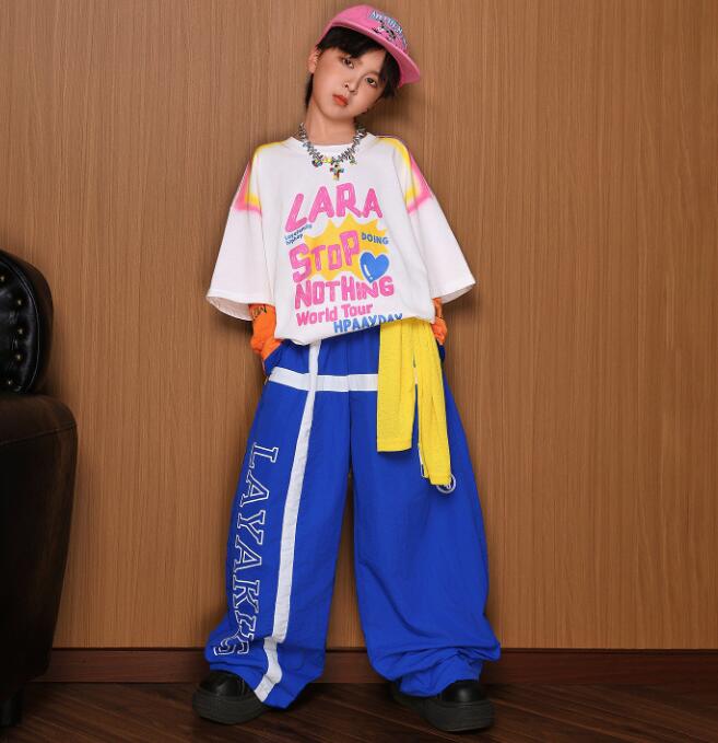 樂天商城 - hiphopダンス衣装 白トップス ダンス衣装 半袖トップス ブルーガーコパンツ 子供ジャズダンス衣装 ヒップホップダンス衣装 舞台演出服 演出服ダンス衣装 男の子 jazz hiphop ダンス衣装 学園祭 文化祭 舞台衣装 可愛いチアダンス衣装卒業式入学式イベント運動会110-180cm