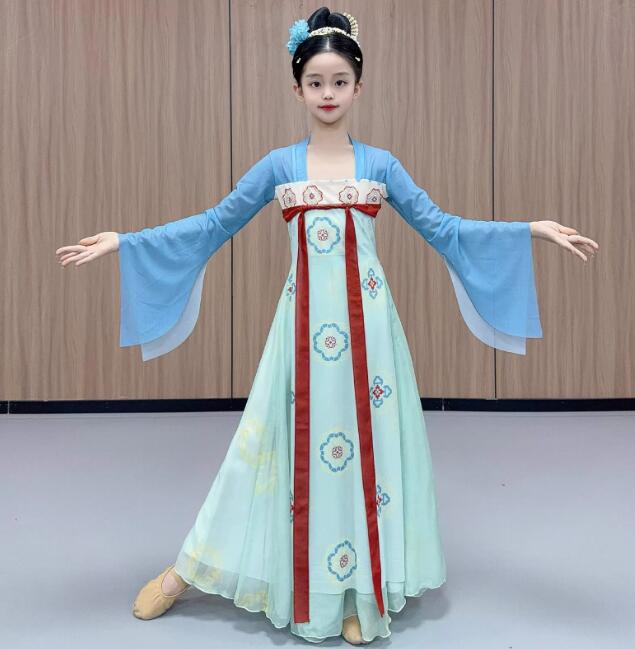 乐天商城 - ブルー系 古典ワンピース 子供ダンス衣装 ラッパ袖 トップス 広がるスカート レディース古典ダンス衣装 舞台ダンス衣装　大きい裾　ふんわり 普段着　舞台ダンス衣装　　ラテン/古典/バレエ/ヨガダンス衣装　社交ダンスウェア120-170