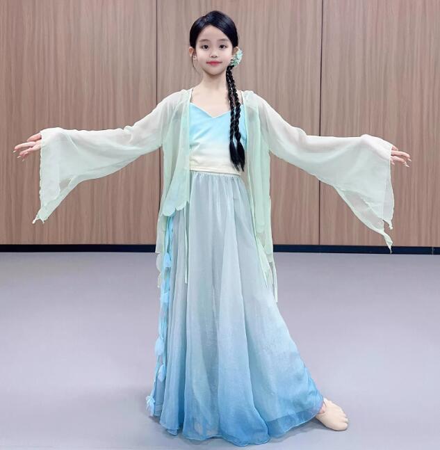 乐天商城 - ブルー系 古典ワンピース 子供ダンス衣装 ラッパ袖 羽織 キャミソール 広がるスカート レディース古典ダンス衣装 舞台ダンス衣装　大きい裾　ふんわり 普段着　舞台ダンス衣装　　ラテン/古典/バレエ/ヨガダンス衣装　社交ダンスウェア120-170